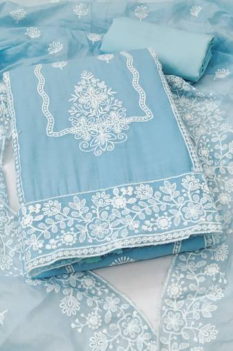 Women's sky blue unstitched heavy thread embroidery & fancy border chanderi cotton dress material (in2044sbl)