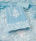 Women's sky blue unstitched heavy thread embroidery & fancy border chanderi cotton dress material (in2044sbl)