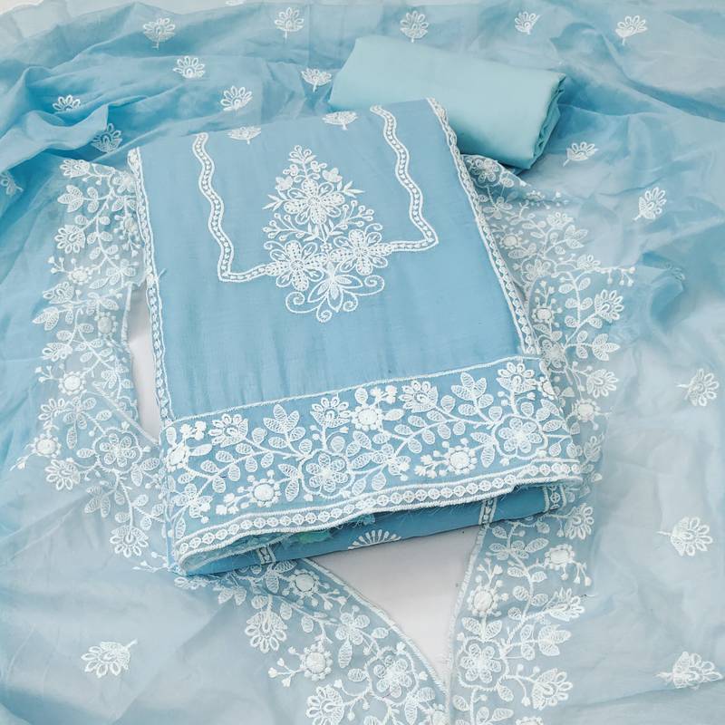 Women's sky blue unstitched heavy thread embroidery & fancy border chanderi cotton dress material (in2044sbl)