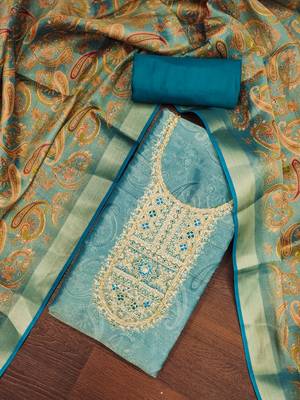  blue digital print & handwork simmer cotton silk dress material 4
