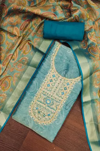  blue digital print & handwork simmer cotton silk dress material