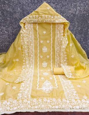  yellow heavy thread embroidery & fancy border chanderi cotton dress material 2