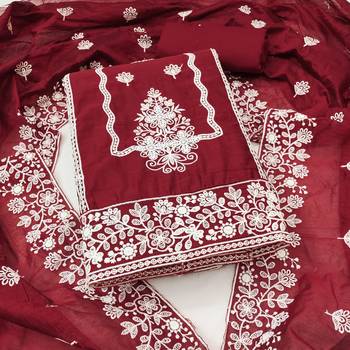  maroon heavy thread embroidery & fancy border chanderi cotton dress material 1