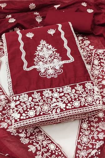 Women's maroon unstitched heavy thread embroidery & fancy border chanderi cotton dress material (in2044mrn)