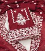 Women's maroon unstitched heavy thread embroidery & fancy border chanderi cotton dress material (in2044mrn)