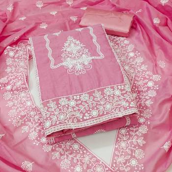  baby pink heavy thread embroidery & fancy border chanderi cotton dress material 1