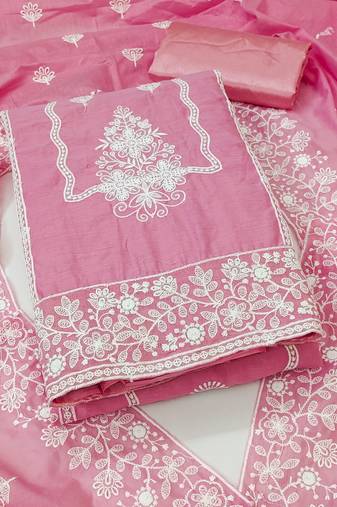 Women's baby pink unstitched heavy thread embroidery & fancy border chanderi cotton dress material (in2044bpk)
