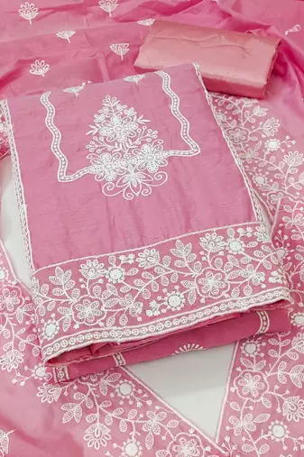 Women's baby pink unstitched heavy thread embroidery & fancy border chanderi cotton dress material (in2044bpk)