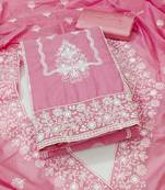 Women's baby pink unstitched heavy thread embroidery & fancy border chanderi cotton dress material (in2044bpk)