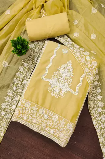 yellow heavy thread embroidery & fancy border chanderi cotton dress material