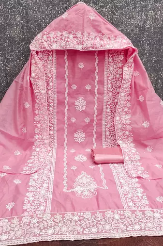  baby pink heavy thread embroidery & fancy border chanderi cotton dress material