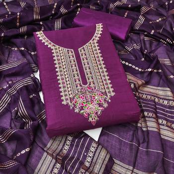  purple heavy zari sequin embroidery slub cotton dress material 1