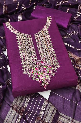 Women's purple unstitched heavy zari sequence embroidery slub cotton dress material (in2043ppl)