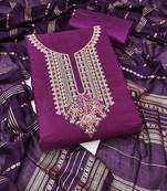 Women's purple unstitched heavy zari sequence embroidery slub cotton dress material (in2043ppl)