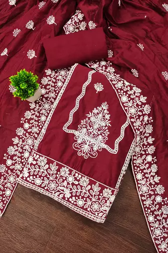  maroon heavy thread embroidery & fancy border chanderi cotton dress material