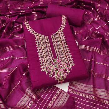  magenta heavy zari sequin embroidery slub cotton dress material 1