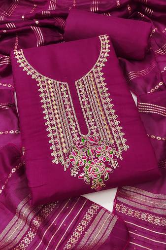Women's magenta unstitched heavy zari sequence embroidery slub cotton dress material (in2043mgt)
