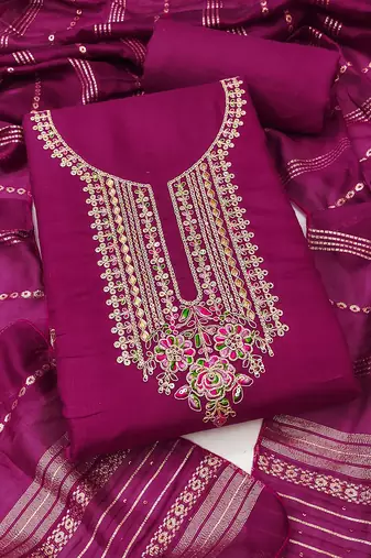 Women's magenta unstitched heavy zari sequence embroidery slub cotton dress material (in2043mgt)