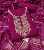 Women's magenta unstitched heavy zari sequence embroidery slub cotton dress material (in2043mgt)