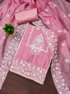  baby pink heavy thread embroidery & fancy border chanderi cotton dress material 3