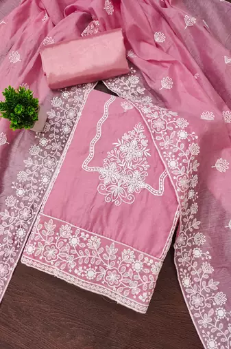  baby pink heavy thread embroidery & fancy border chanderi cotton dress material