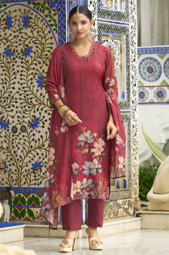 Maroon chinon chiffon floral printed straight kurta with pant & printed dupatta