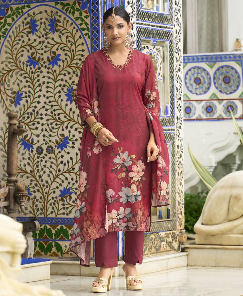 Maroon chinon chiffon floral printed straight kurta with pant & printed dupatta