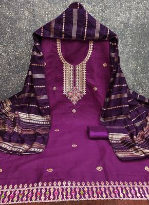  purple heavy zari sequin embroidery slub cotton dress material 2