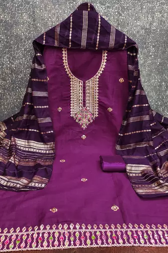  purple heavy zari sequin embroidery slub cotton dress material