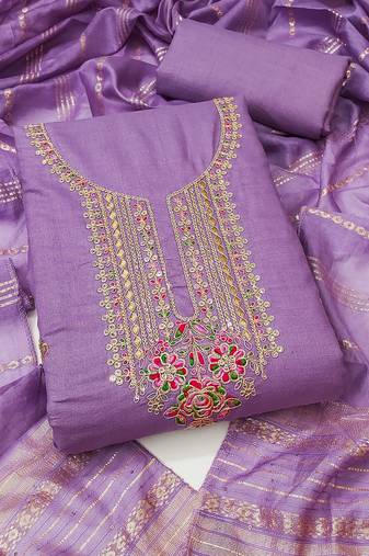 Women's levender unstitched heavy zari sequence embroidery slub cotton dress material (in2043ldr)