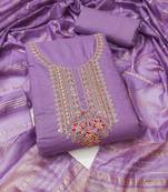 Women's levender unstitched heavy zari sequence embroidery slub cotton dress material (in2043ldr)