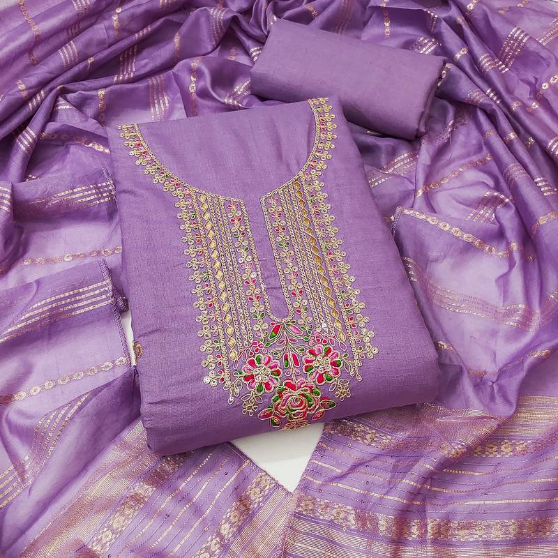 Women's levender unstitched heavy zari sequence embroidery slub cotton dress material (in2043ldr)