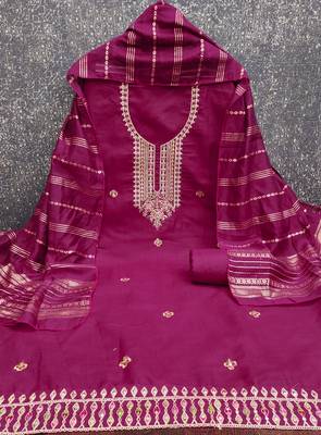  magenta heavy zari sequin embroidery slub cotton dress material 2
