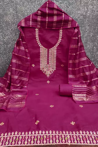  magenta heavy zari sequin embroidery slub cotton dress material