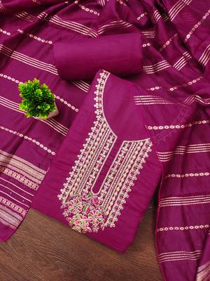  magenta heavy zari sequin embroidery slub cotton dress material 3