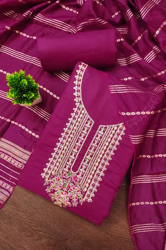  magenta heavy zari sequin embroidery slub cotton dress material