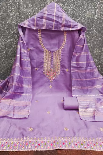  levender heavy zari sequin embroidery slub cotton dress material