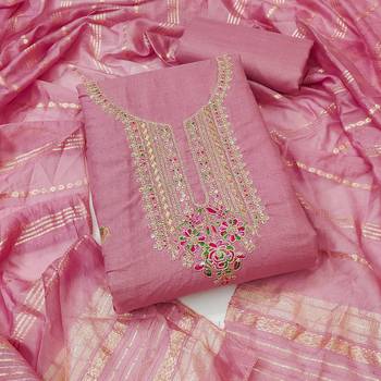  baby pink heavy zari sequin embroidery slub cotton dress material 1