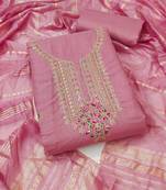 Women's baby pink unstitched heavy zari sequence embroidery slub cotton dress material (in2043bpk)