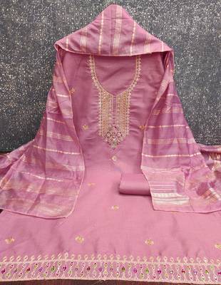  baby pink heavy zari sequin embroidery slub cotton dress material 2