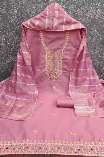  baby pink heavy zari sequin embroidery slub cotton dress material