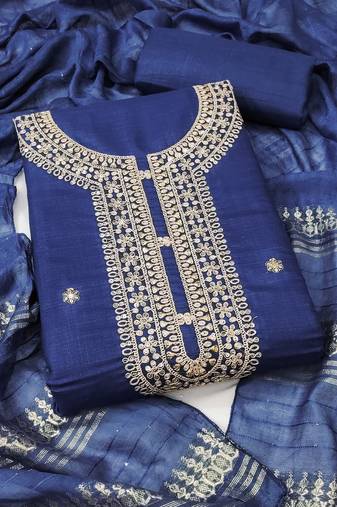 Women's royal blue unstitched heavy zari sequence embroidery slub cotton dress material (in2042rbl)
