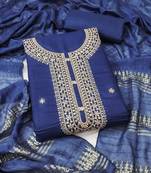 Women's royal blue unstitched heavy zari sequence embroidery slub cotton dress material (in2042rbl)