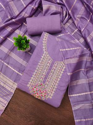  levender heavy zari sequin embroidery slub cotton dress material 3