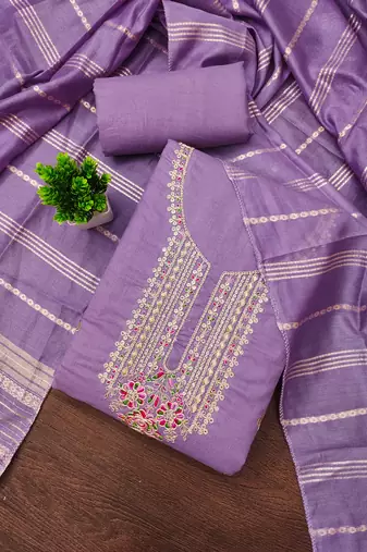  levender heavy zari sequin embroidery slub cotton dress material