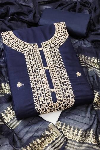 Women's navy blue unstitched heavy zari sequence embroidery slub cotton dress material (in2042nbl)