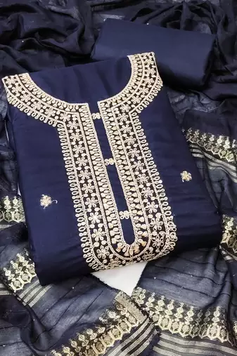 Women's navy blue unstitched heavy zari sequence embroidery slub cotton dress material (in2042nbl)