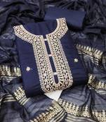 Women's navy blue unstitched heavy zari sequence embroidery slub cotton dress material (in2042nbl)