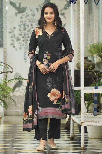 Black chinon chiffon floral printed straight kurta with pant & printed dupatta