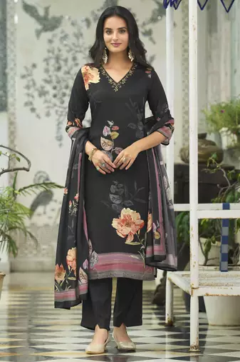 Black chinon chiffon floral printed straight kurta with pant & printed dupatta